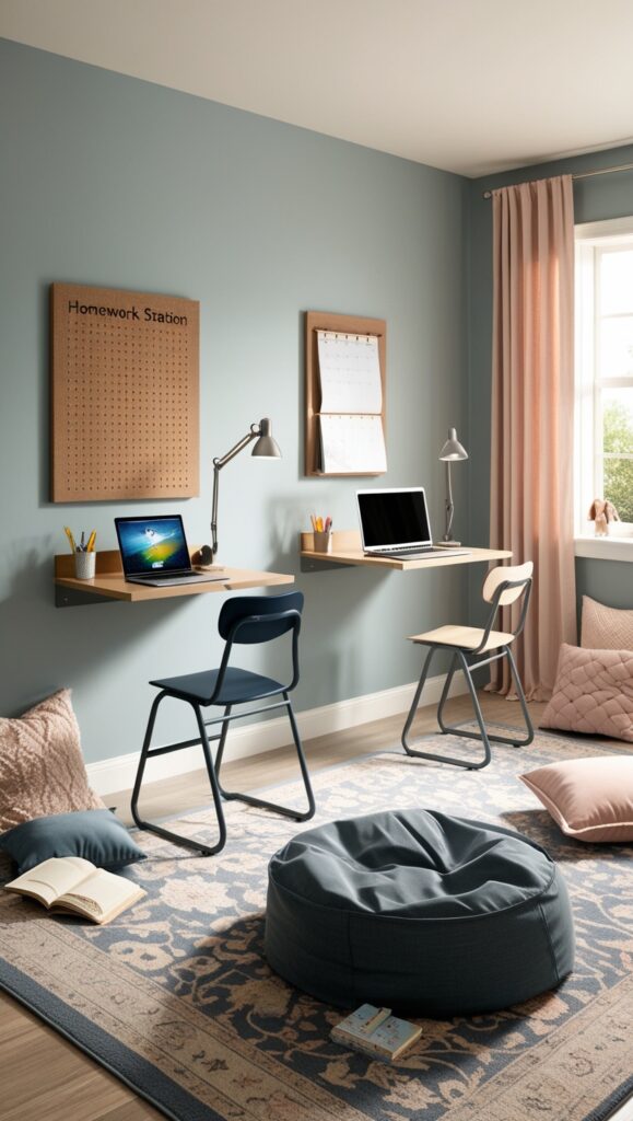 Music Integration Beyond Speakers
Imagine a creative teen bedroom designed around music as both passion and decor. One wall is an artful display of mounted guitars and a ukulele, framed by moody gray paint and LED backlighting. Below it, a mid-century wood cabinet stores vinyl records in visible bins, with a sleek modern turntable on top. Across the room, a small music production nook includes a compact desk with a laptop, MIDI controller, and studio headphones hanging on a peg. The back wall is lined with acoustic foam panels in hexagonal shapes—visually striking and functional. A record-themed gallery wall adds a playful yet cohesive touch. The room's palette is rich—burnt orange, charcoal, and walnut wood tones. This space feels intimate, expressive, and tuned perfectly for a teen who lives and breathes sound.